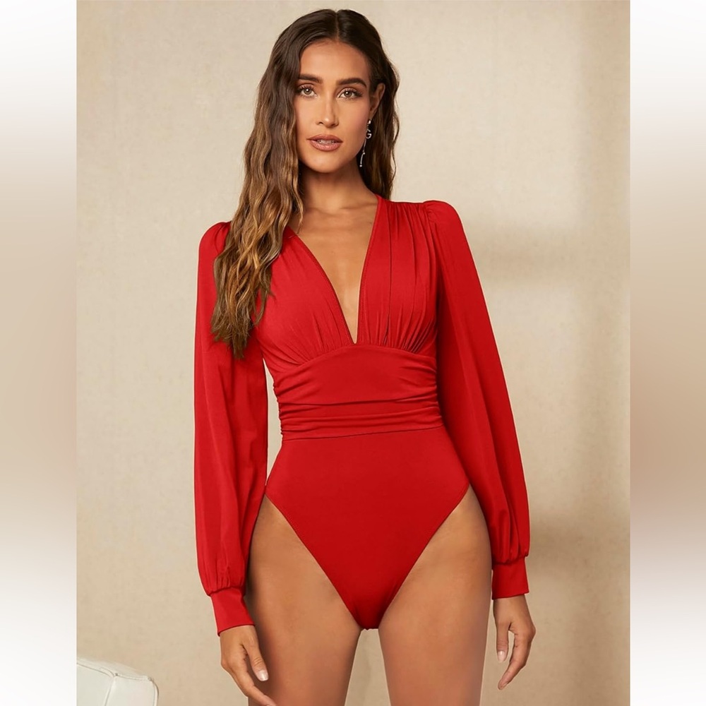 Women's Ruched Lantern Sleeve Bodysuit- Red- Small